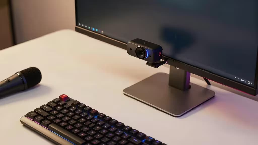 Profesjonalne stanowisko streamingowe z kamerą internetową zamontowaną na monitorze, oświetleniem RGB i mikrofonem – nowoczesna konfiguracja do transmisji na żywo.