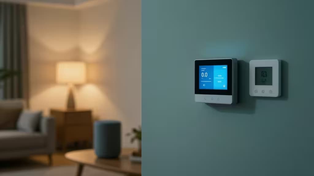 A warmly lit modern living room at dusk with smart speakers, smart lighting, and a wall-mounted thermostat, in muted teal and amber tones