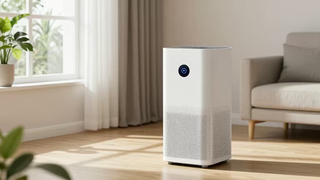 Witte slimme luchtreiniger met blauw display op houten vloer in zonnige woonkamer.