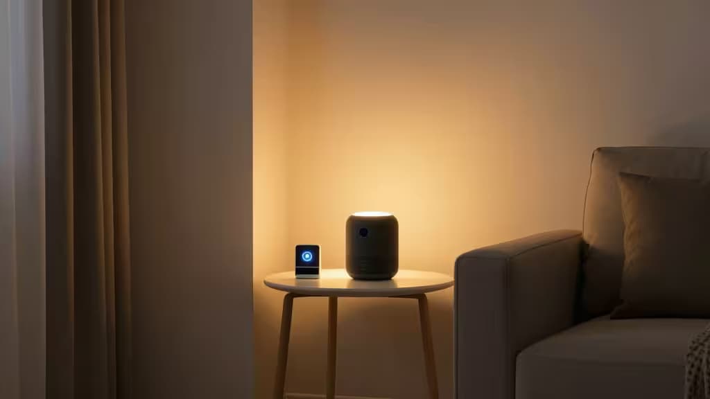Salotto moderno con illuminazione LED ambientale e altoparlante smart su un tavolino