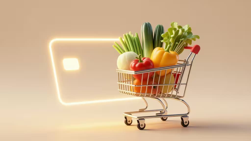 Carrinho de supermercado em miniatura cheio de vegetais frescos, com o contorno brilhante de um cartão de crédito ao lado.