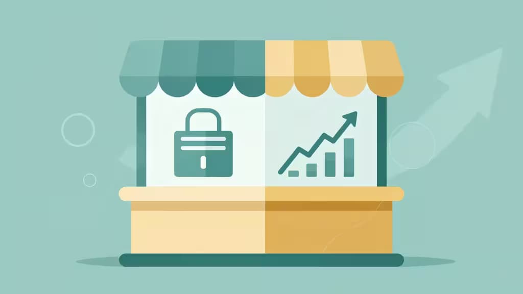 Split storefront displays a padlock and rising graph, symbolizing secure, growing BNPL financing for small businesses.