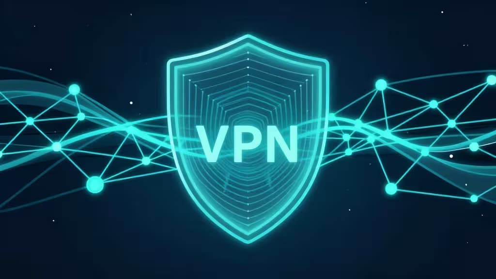 Leuchtender cyanfarbener Schutzschild umgibt ein Netzwerk verbundener IoT-Knotenpunkte vor dunklem Hintergrund.
