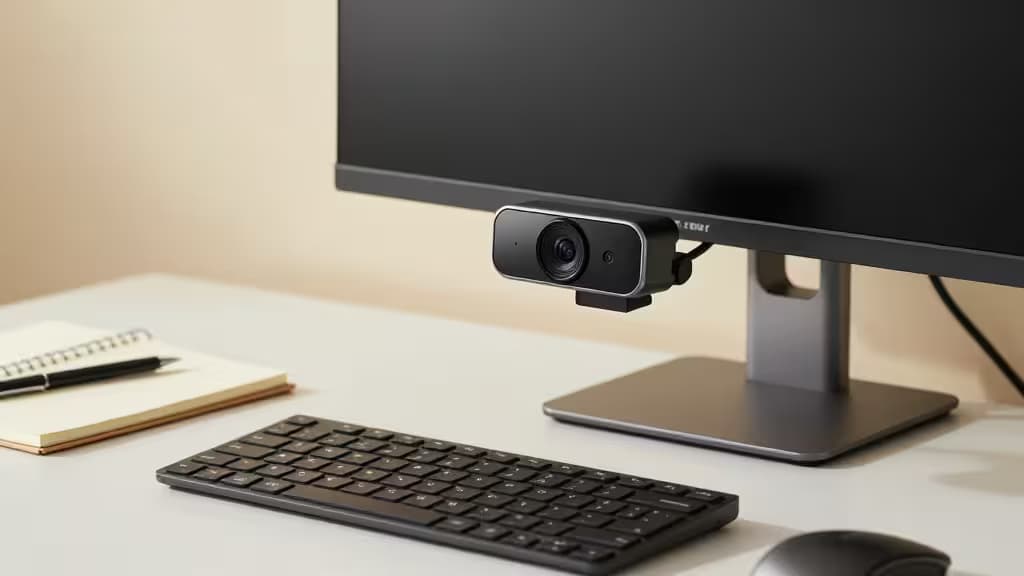 A modern desk setup for online teaching with a sleek webcam mounted on a monitor, soft warm lighting, notebook and pen nearby.
