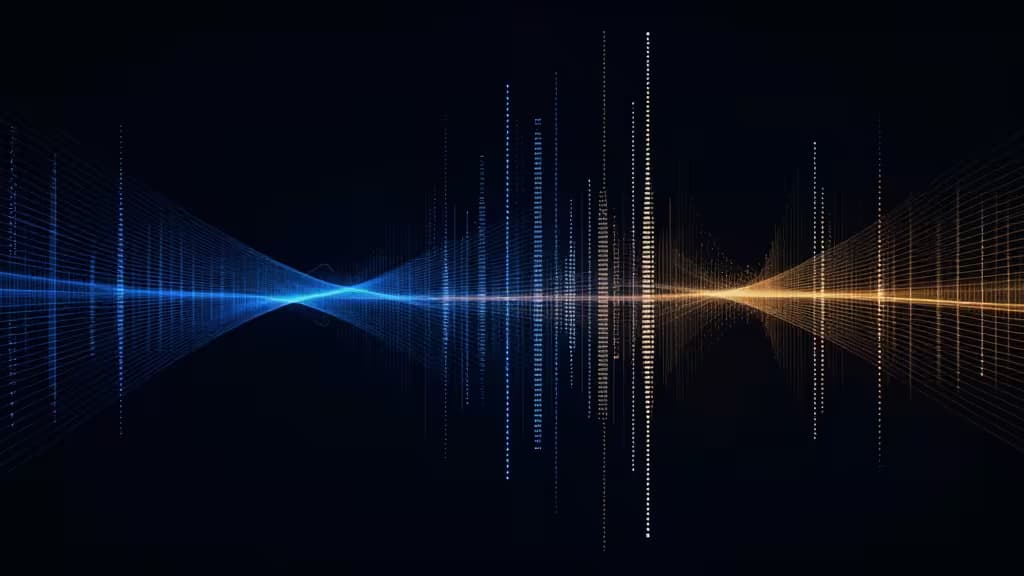 Blue and gold digital waveforms converge on a dark background, symbolizing efficient log data flow for affordable monitoring solutions.