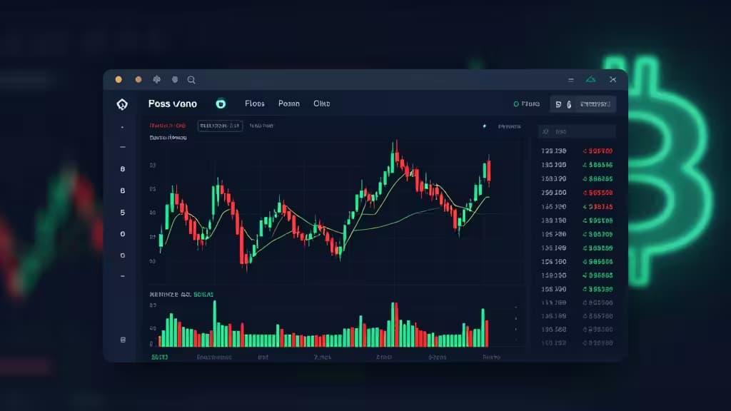 Dark-mode trading dashboard displays candlestick charts and real-time crypto data with neon Bitcoin symbol.