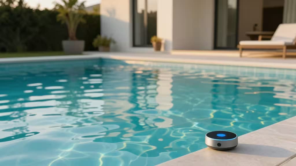 Ein ruhiger Hinterhof-Schwimmingpool zur goldenen Stunde mit klarem türkisfarbenem Wasser und einem schlanken Smart-Pool-Monitor am Beckenrand.