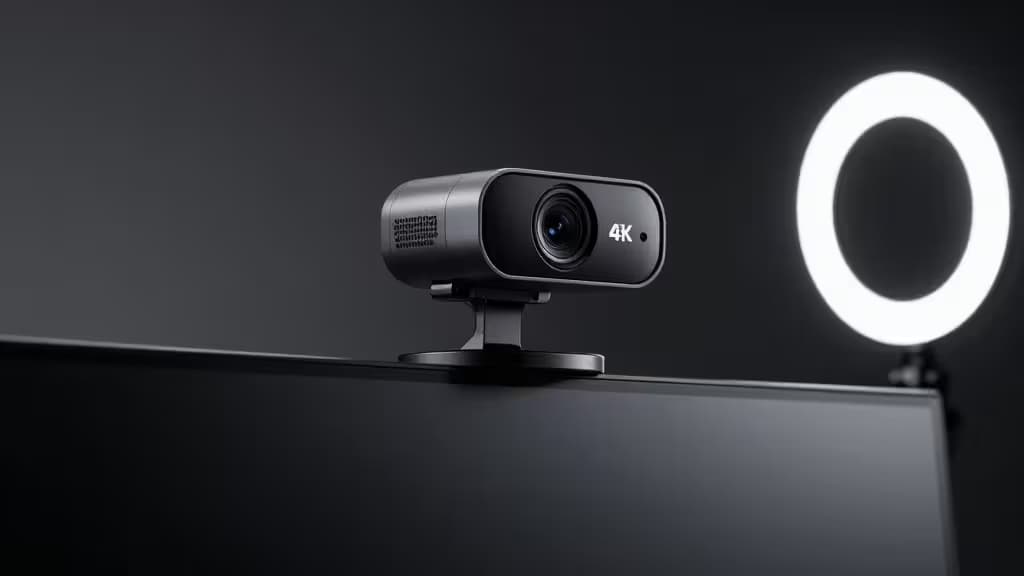 A sleek 4K webcam mounted on a monitor in a dimly lit streaming setup with soft studio lighting.