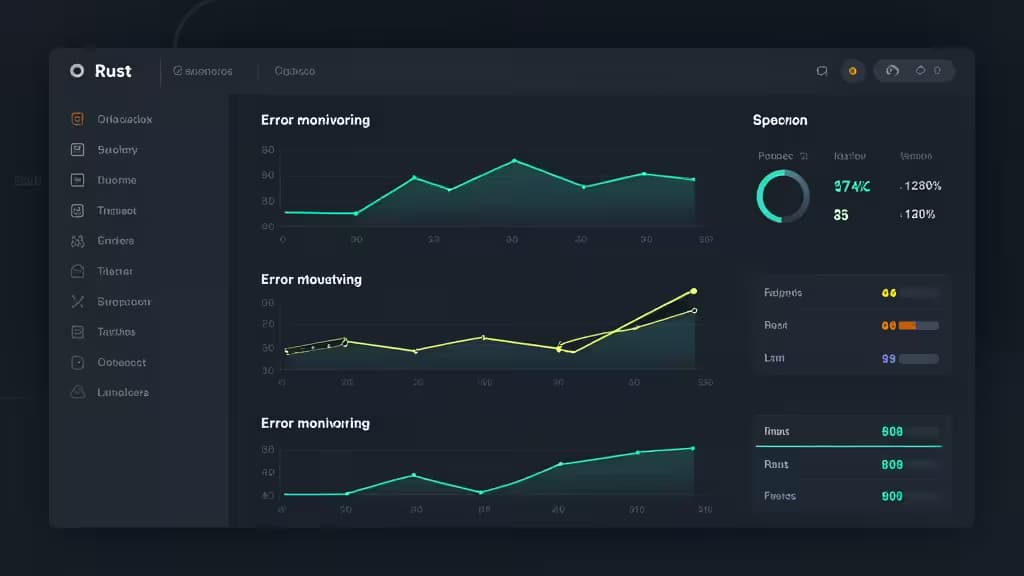 Dark dashboard UI displays three error monitoring charts with teal and yellow line graphs.