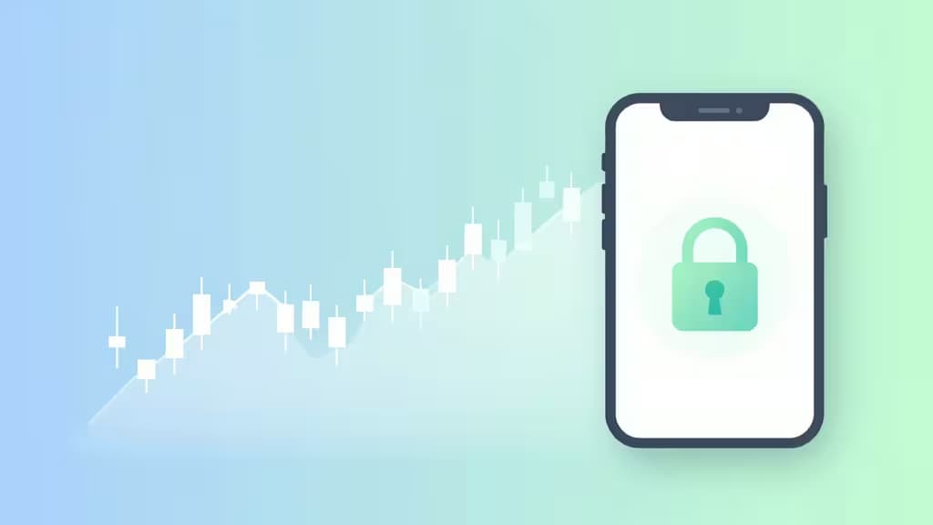 Abstracte illustratie van een gebruiksvriendelijk crypto-handelsplatform met een smartphone-app, grafiekelementen en een beveiligingsslot in blauwe en groene tinten.