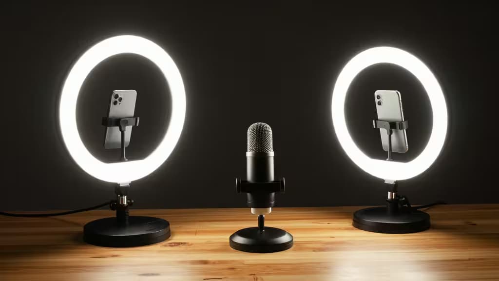 Two ring lights illuminate a desk setup with a microphone and phone mount, creating a warm, professional glow ideal for budget streamers.