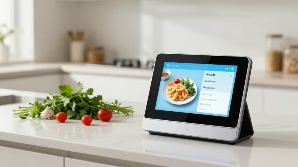 A sleek smart display shows a recipe on a modern kitchen counter beside fresh vegetables.