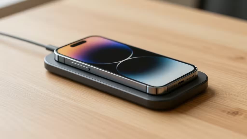 A sleek iPhone rests on a compact wireless charging pad, showcasing modern design and functionality for budget-conscious users.