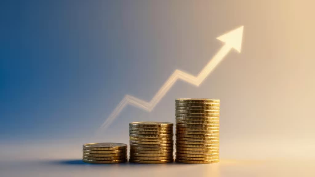 Pièces dorées empilées sur un dégradé bleu et ambre, illustrant le concept de rendement passif en stablecoins