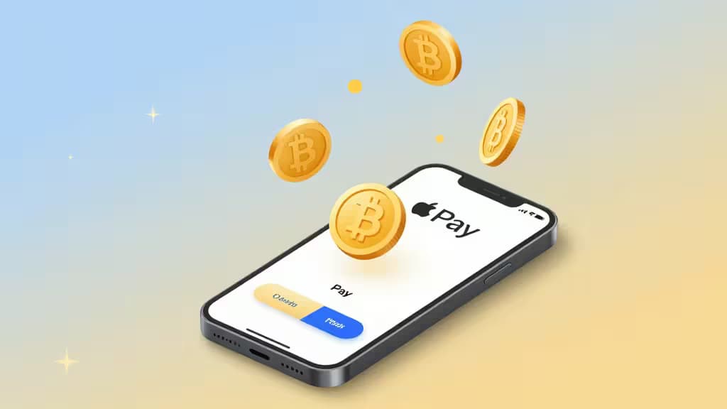 Золотые монеты Bitcoin парят над чёрным смартфоном с интерфейсом Apple Pay на фоне мягкого сине-жёлтого градиента.