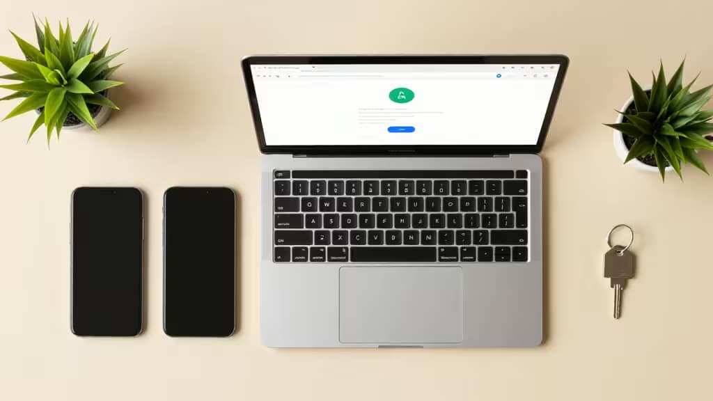Silver laptop, two black smartphones, and green succulents on beige desk with key.