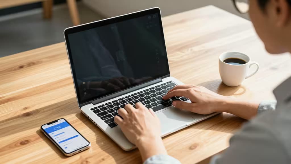 Freelancer types on laptop beside smartphone banking app, coffee cup nearby, wooden desk setting.