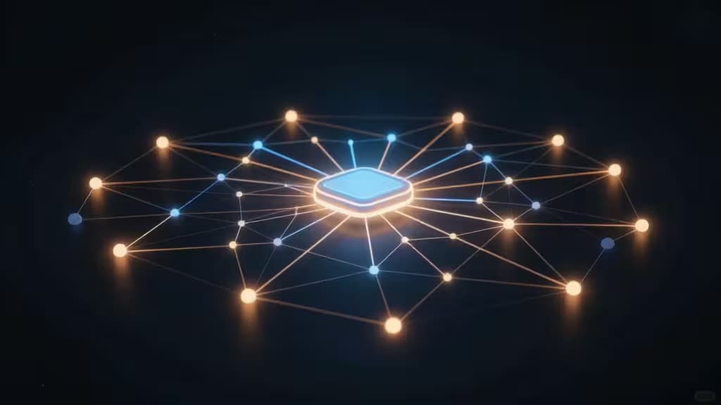 Abstrakte Visualisierung eines Thread-Mesh-Netzwerks mit zentralem Router-Knoten, der blaue und bernsteinfarbene Lichtstrahlen aussendet