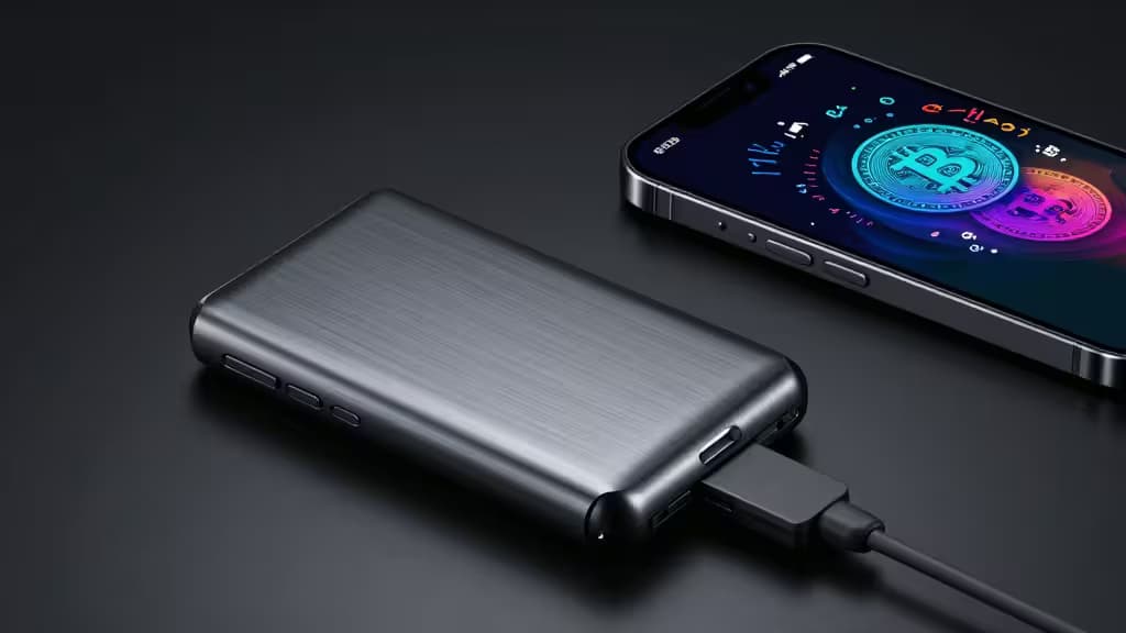 A sleek metal hardware wallet connects to a smartphone displaying vibrant Bitcoin Ordinals digital art.