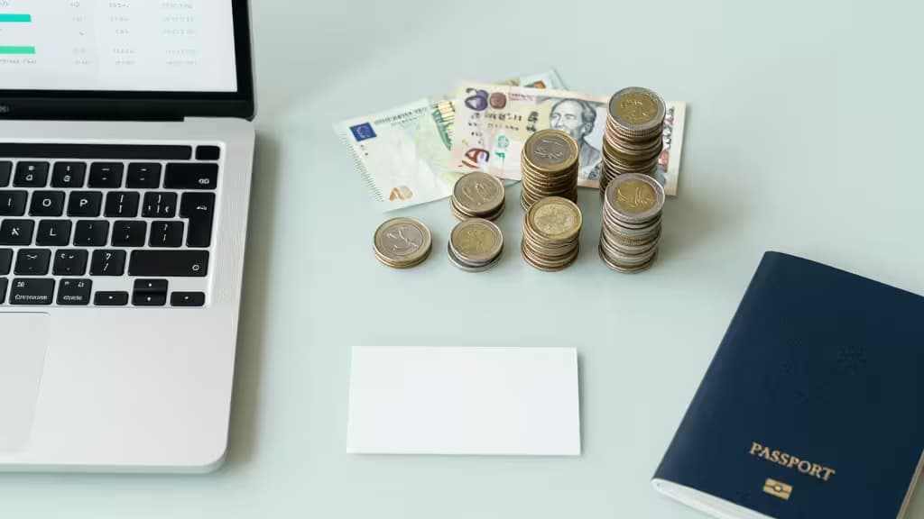 Laptop displaying financial data sits beside stacked international coins, scattered banknotes, a blank business card, and a passport on a clean desk.