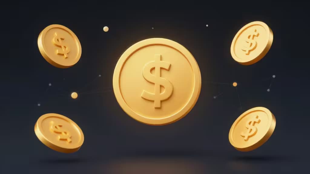 Abstract illustration of stablecoin trading with golden digital coins and network nodes over a dark gradient background