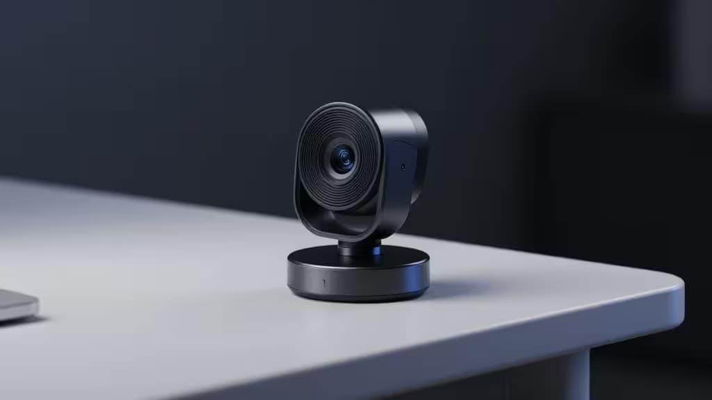 Eine schlanke schwarze Webcam mit rundem Objektiv steht auf einem weißen Schreibtisch, bereit für hochwertige Zoom-Meetings.