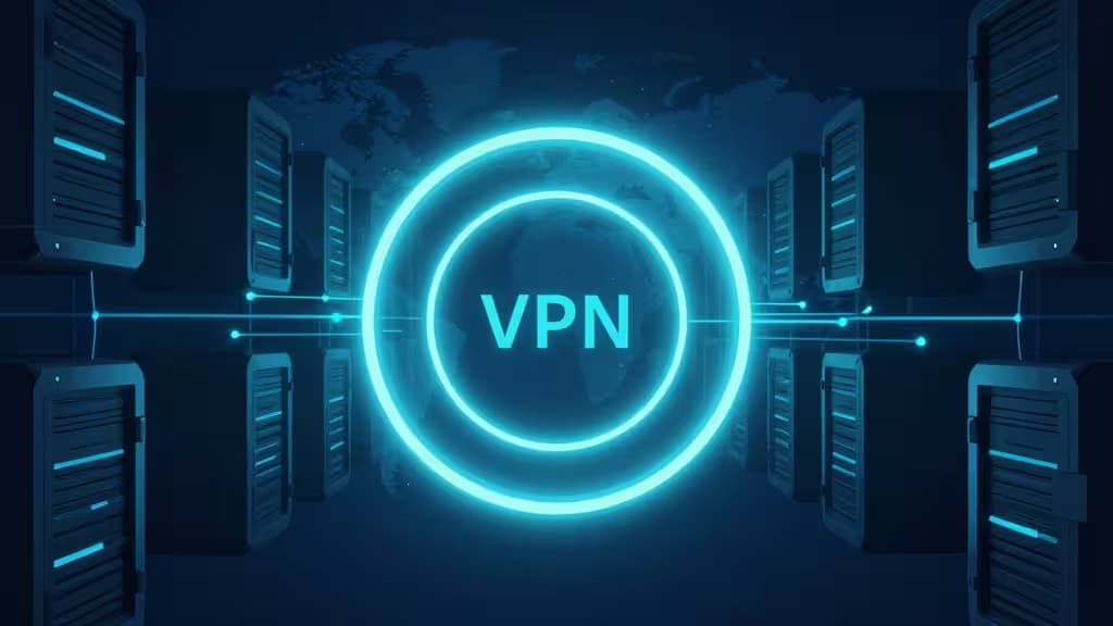 Abstrakte Illustration eines mehrschichtigen VPN-Tunnels mit leuchtenden Serverknoten in verschiedenen geografischen Standorten, verbunden durch Datenströme in Blau und Türkis