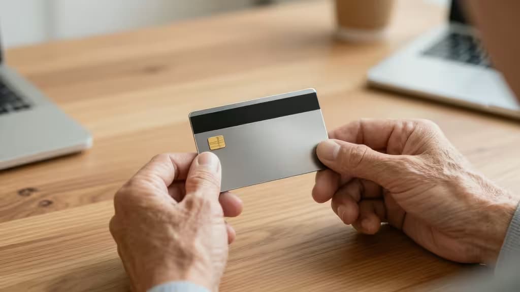 Elderly hands hold a sleek, metallic card-shaped cold wallet on a wooden desk.