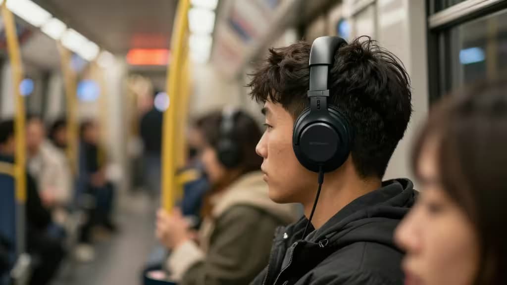 Jonge forens met strakke zwarte over-ear noise cancelling koptelefoon in de Nederlandse metro, gefocust en kalm.