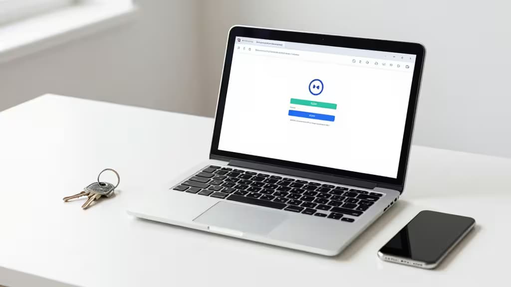 Laptop displays login screen beside keys and smartphone on white desk.