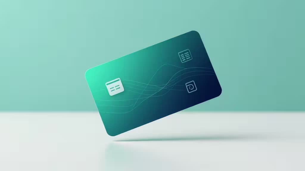 Um cartão virtual elegante flutua sobre uma superfície minimalista, simbolizando a inovação fintech e a gestão de despesas sem fricção para startups.
