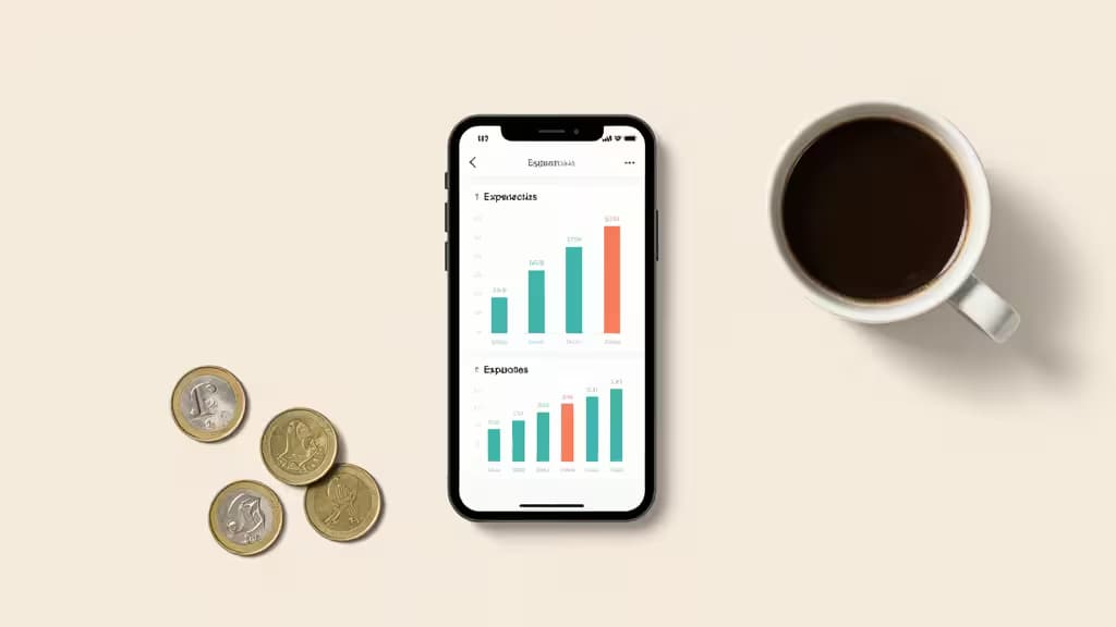 Scrivania minimale con smartphone che mostra grafici di spesa a barre colorate, tazza di caffè e monete sparse su sfondo neutro