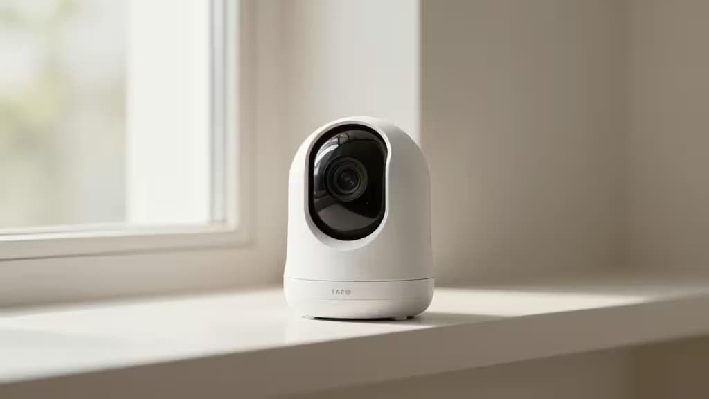 A modern compact indoor security camera sitting on a minimalist shelf in soft natural light.