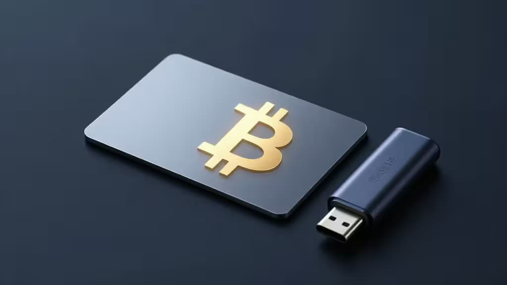 Аппаратные Bitcoin-кошельники на тёмной поверхности: металлическая NFC-карта и USB-C устройство с мягким золотым свечением символа Bitcoin
