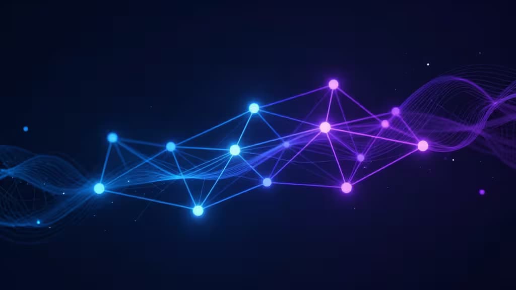 Glowing blue and purple nodes connect via luminous lines, forming a dynamic network against a dark background, symbolizing high-speed decentralized exchange infrastructure.