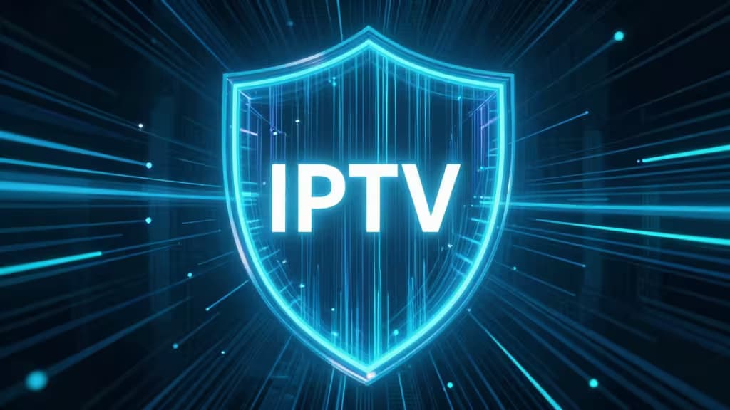 Illustration abstraite d'un tunnel VPN protégeant un flux vidéo IPTV : un portail lumineux en forme de bouclier avec des flux de données chiffrés bleus et turquoise traversant une grille réseau sombre.
