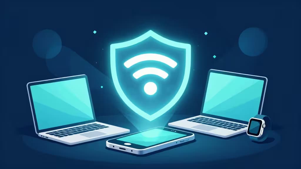Illustration abstraite d'un smartphone émettant un signal Wi-Fi sécurisé vers plusieurs appareils — ordinateur portable, tablette, montre connectée — avec un bouclier de chiffrement VPN stylisé en surimpression.
