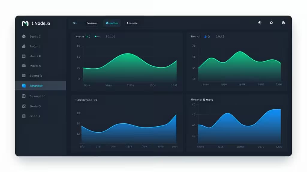 Dark Dashboard UI mit vier Echtzeit-Node.js-Performance-Graphen, cleanes Layout, entwicklerorientierte Metriken.