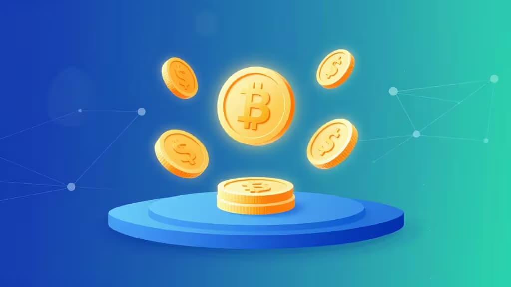 Świecące złote monety Bitcoin i dolary unoszą się nad niebieską platformą na tle gradientu w odcieniach teal z liniami sieci.