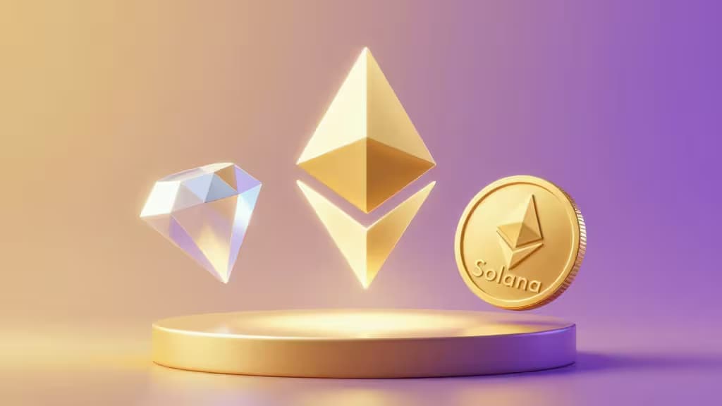 Des jetons Ethereum et Solana dorés flottent au-dessus d'un piédestal lumineux sur un fond dégradé violet et jaune, symbolisant les meilleures plateformes de staking.