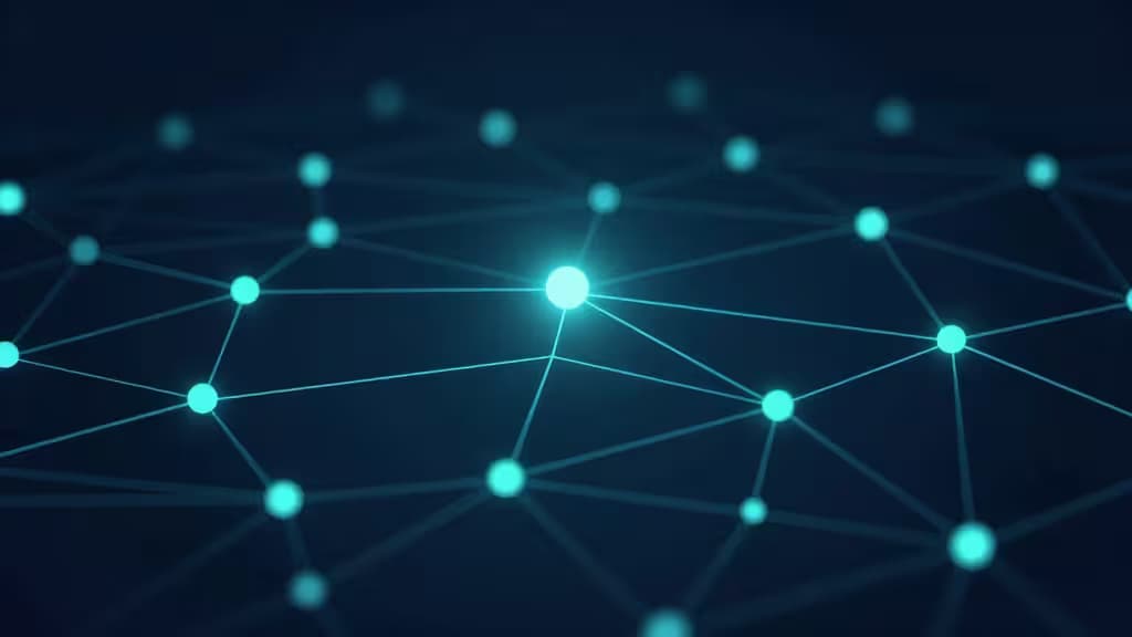 Abstrakte Darstellung eines einzelnen leuchtenden IP-Knotens, der sich von einem dichten Netz geteilter Knoten abhebt, in dunklem Blau und Türkis