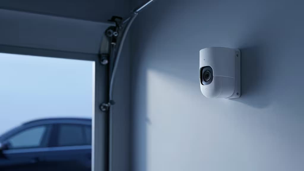 Caméra de sécurité connectée blanche montée sur le mur lisse d'un garage, à côté d'une porte ouverte et d'une voiture floue.