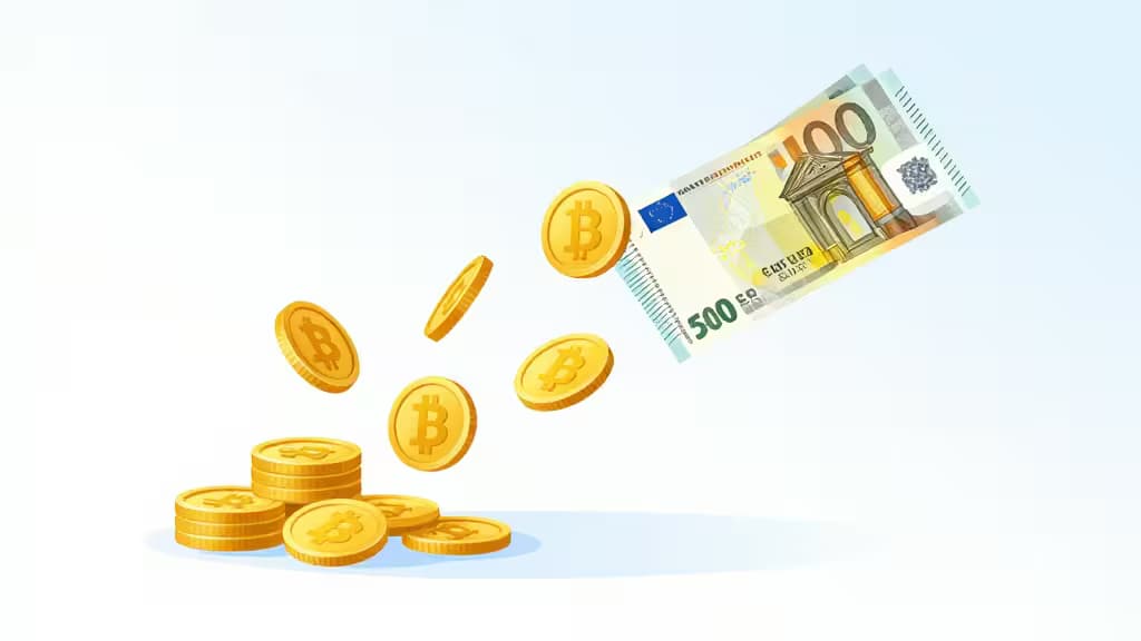 Pièces Bitcoin dorées en cascade vers un billet de 500 euros flottant sur fond blanc épuré.
