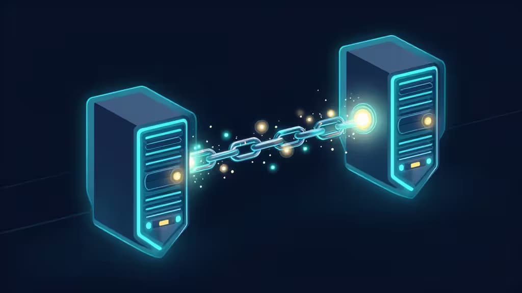 Two glowing server towers connect via a luminous chain, symbolizing encrypted multi-hop VPN tunnels with layered security nodes.