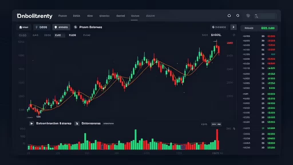 Dark-themed crypto trading dashboard displays candlestick charts, volume bars, and real-time price data for options trading.