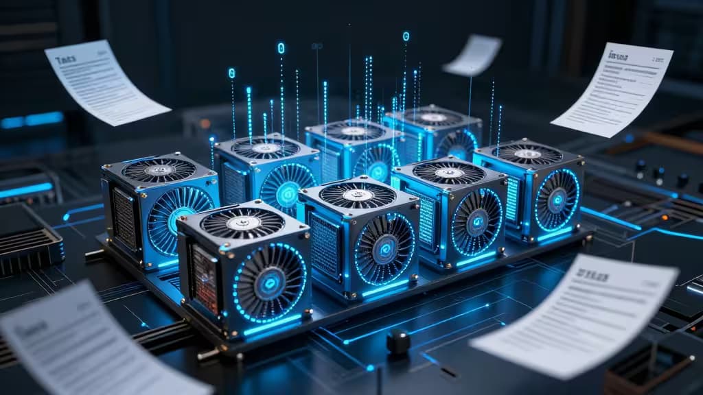 Glowing crypto mining rigs with floating tax documents, blue-lit circuitry, and digital data streams.