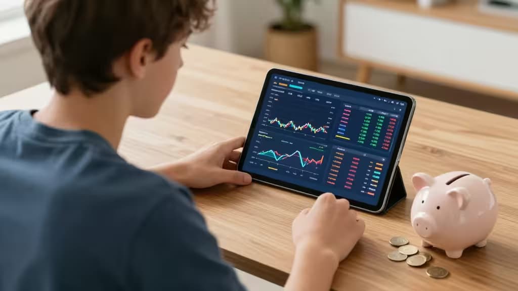 Teen studies stock charts on a tablet beside a piggy bank and coins on a wooden table.