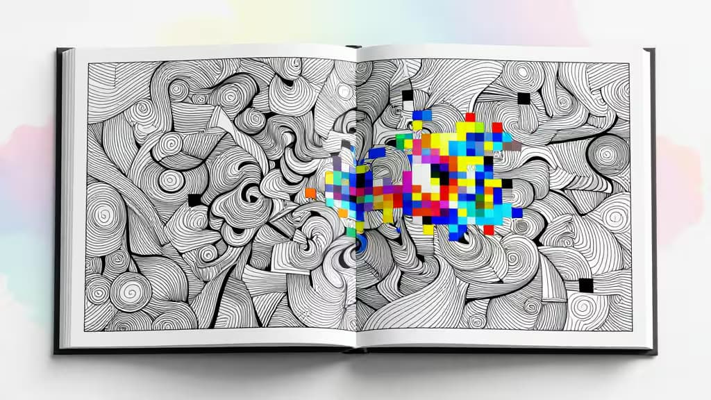 Abstract artistieke compositie van een open kleurboek met zwart-wit lijntekeningen die overgaan in kleurrijke digitale pixels, met zachte waterkleurverlopen op de achtergrond