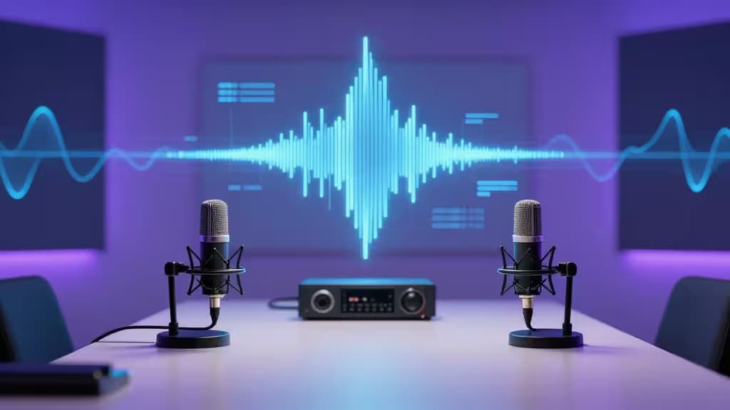 Two microphones face each other on a studio table, with glowing blue AI waveform graphics behind them.