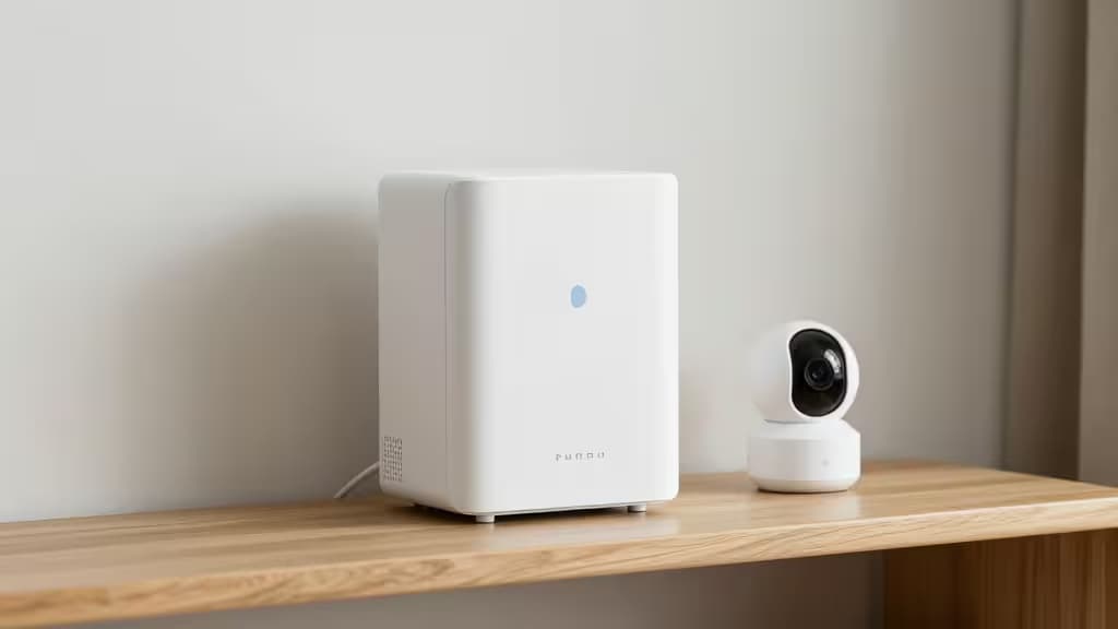 Hub e telecamera bianchi su mensola in legno chiaro, setup di sicurezza smart minimalista.
